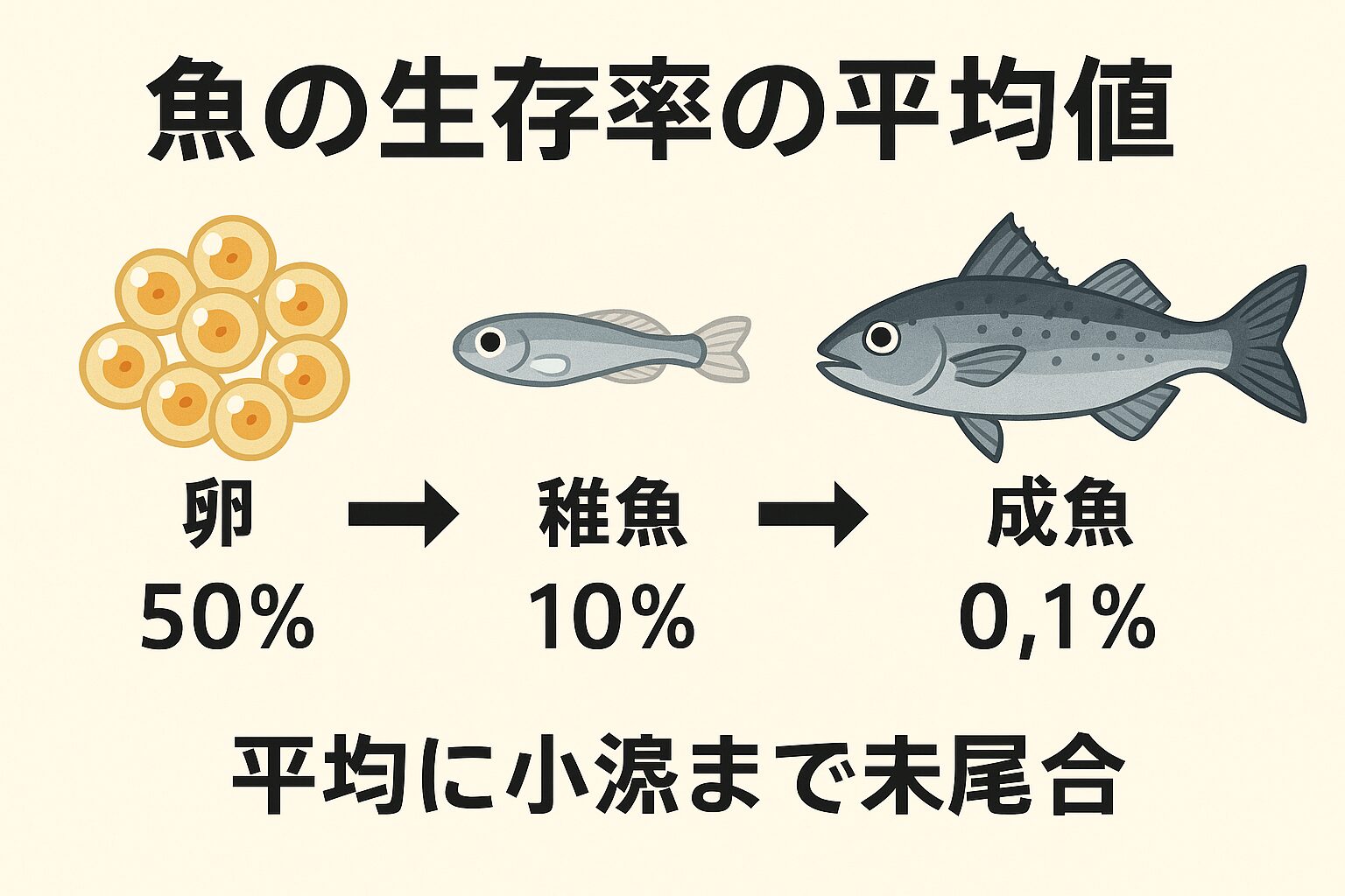 魚が最終的に寿命まで生きる確率は0.001～0.0025％程度＝1,000～10,000匹に1匹。釣太郎