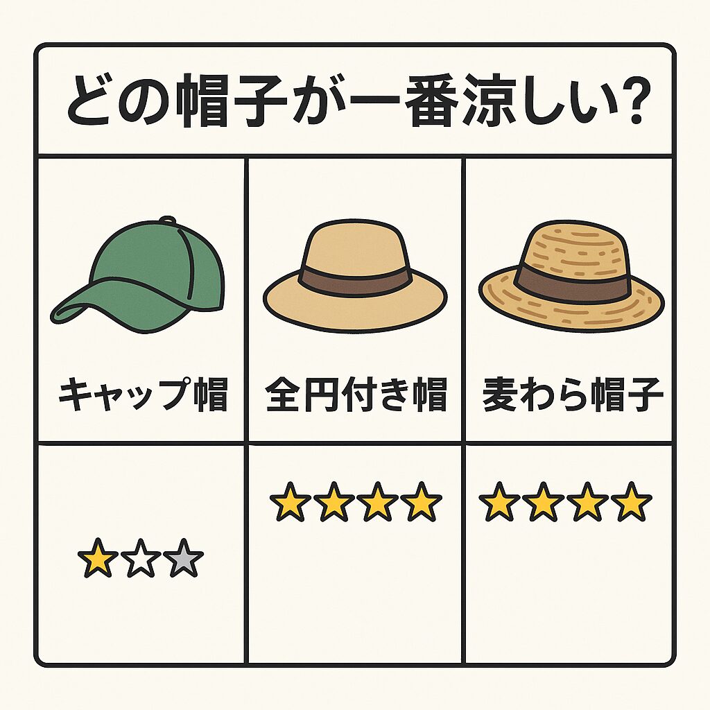 比較する3つの帽子 キャップ帽（野球帽タイプ） 全円付き帽（つばが360度あるハット型） 麦わら帽子（天然素材の編み込み） 🧠 AIによる結論：一番涼しいのは「麦わら帽子」釣太郎