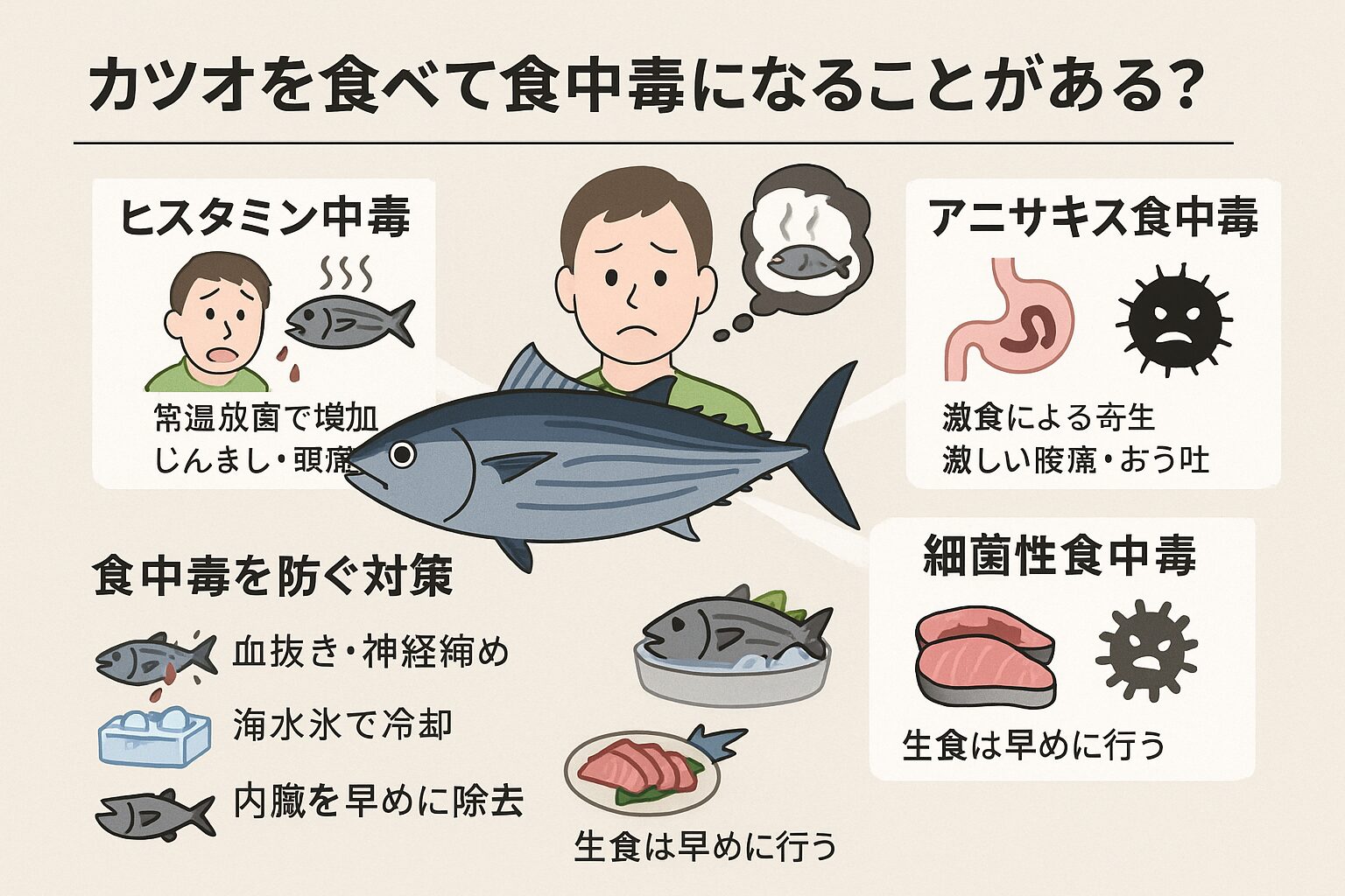 釣ったカツオでも油断禁物｜食中毒のリスクが高まる場面説明。釣太郎