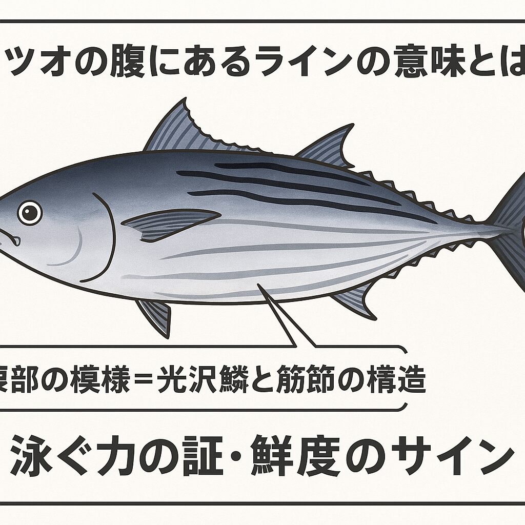 カツオの腹に入る斜めのラインは、筋肉の構造と鱗の反射光でできた自然のサイン。生体時に明瞭、死後時間が経つと消える=鮮度の判断材料。釣太郎