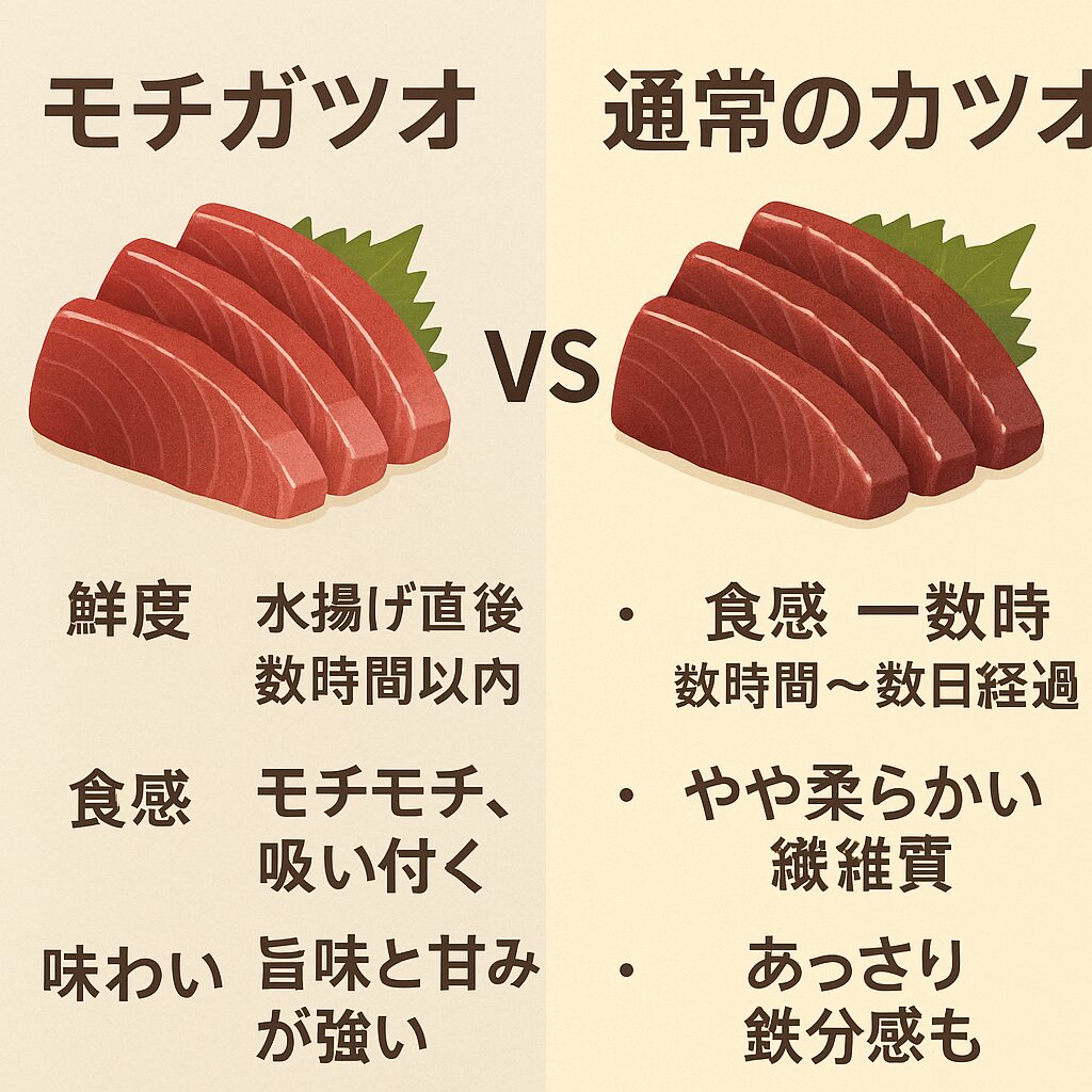 「モチガツオ」とは、水揚げ直後～数時間以内の、極めて鮮度の高いカツオのこと。最大の特徴は、身が弾力をもって“モチモチ”とした食感。時にスジが残っているほどの生々しさ。手で触ると身が吸い付くように柔らかくも弾力がある。釣太郎