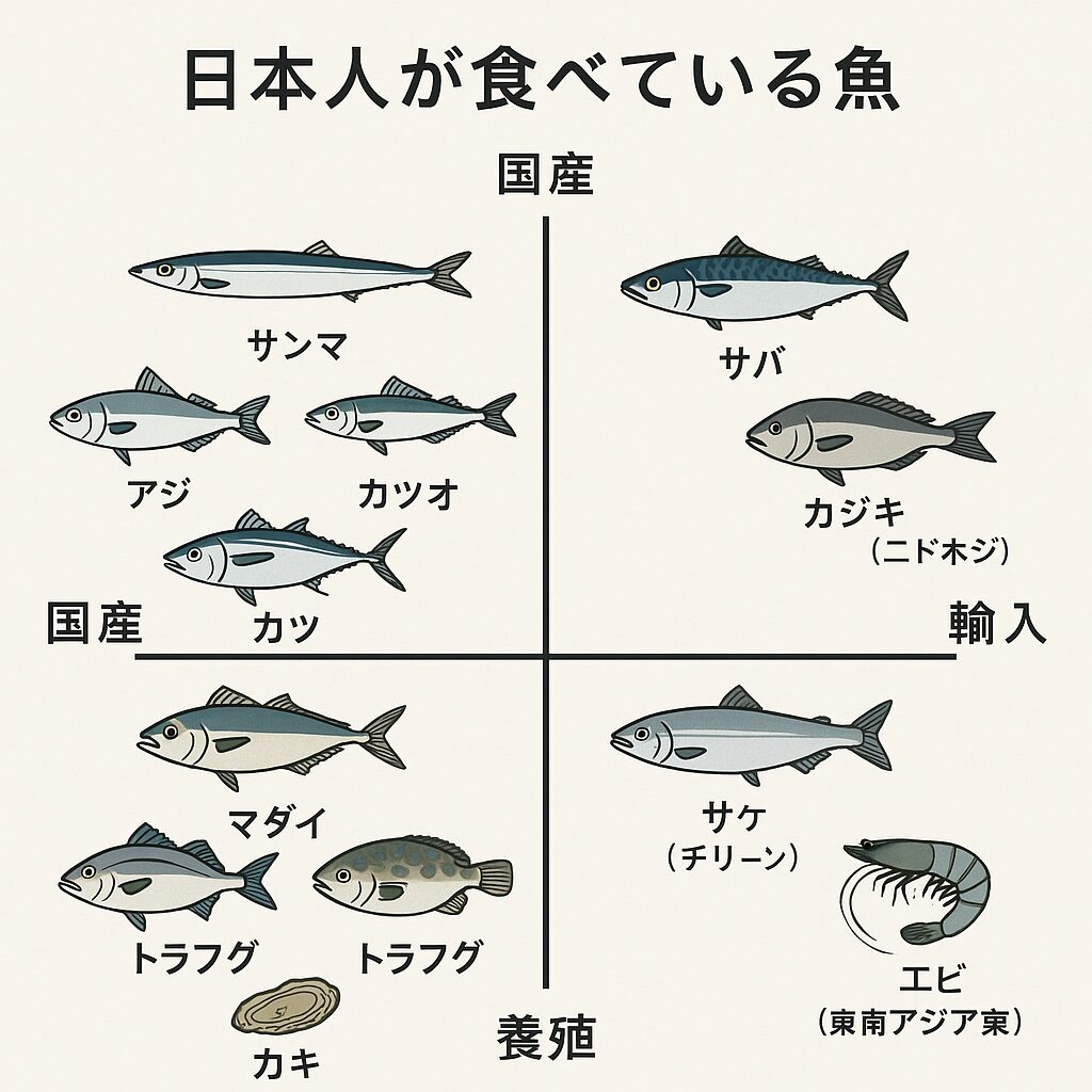 いま日本人が食べている魚の現実。天然：養殖＝55：45（年々養殖増加）国産：輸入＝55：45（輸入もかなり多い）釣太郎