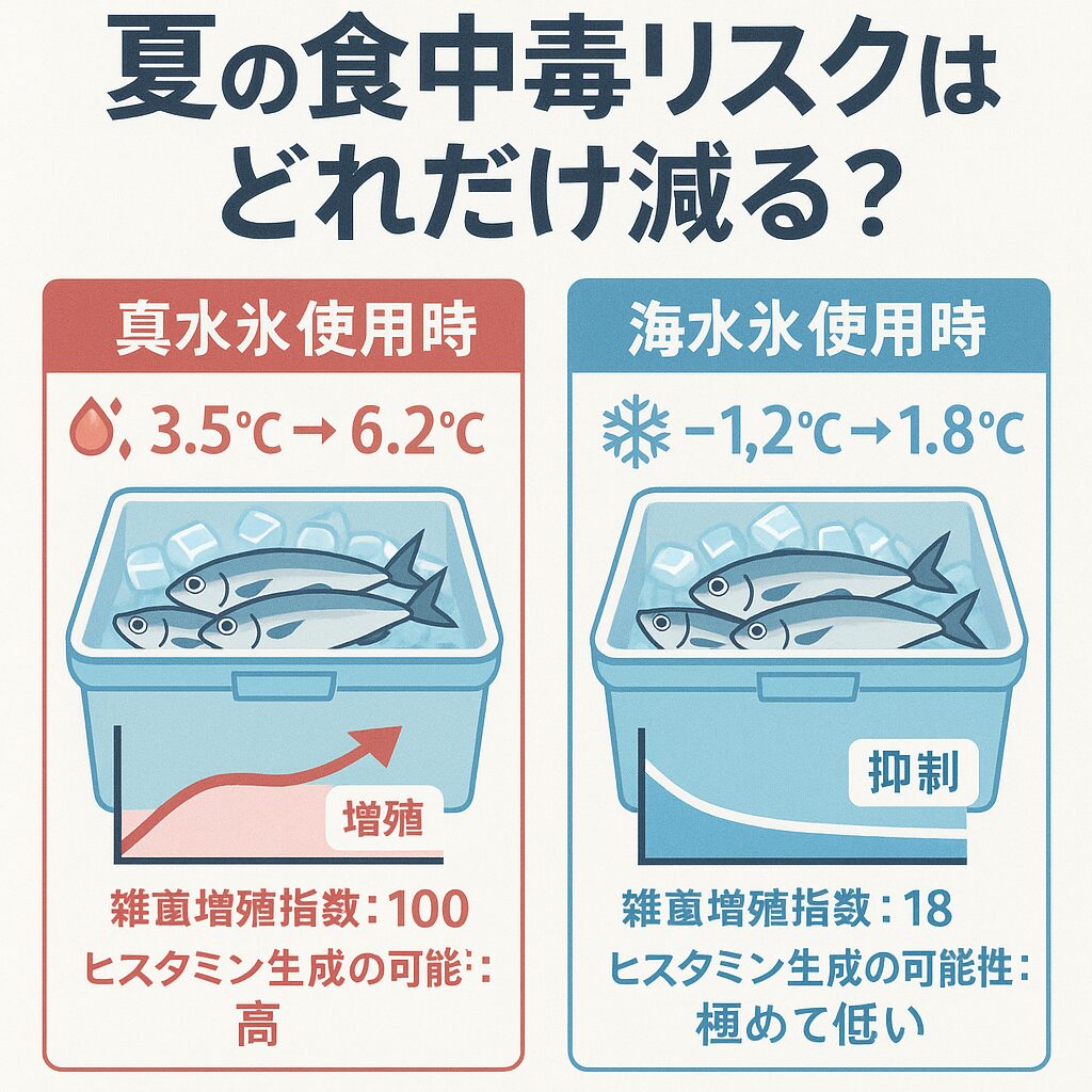 AIの分析結果によると、真水氷から海水氷に変えることで、夏場の魚体表面における雑菌増殖リスクが82％以上抑えられるという結果に。釣太郎