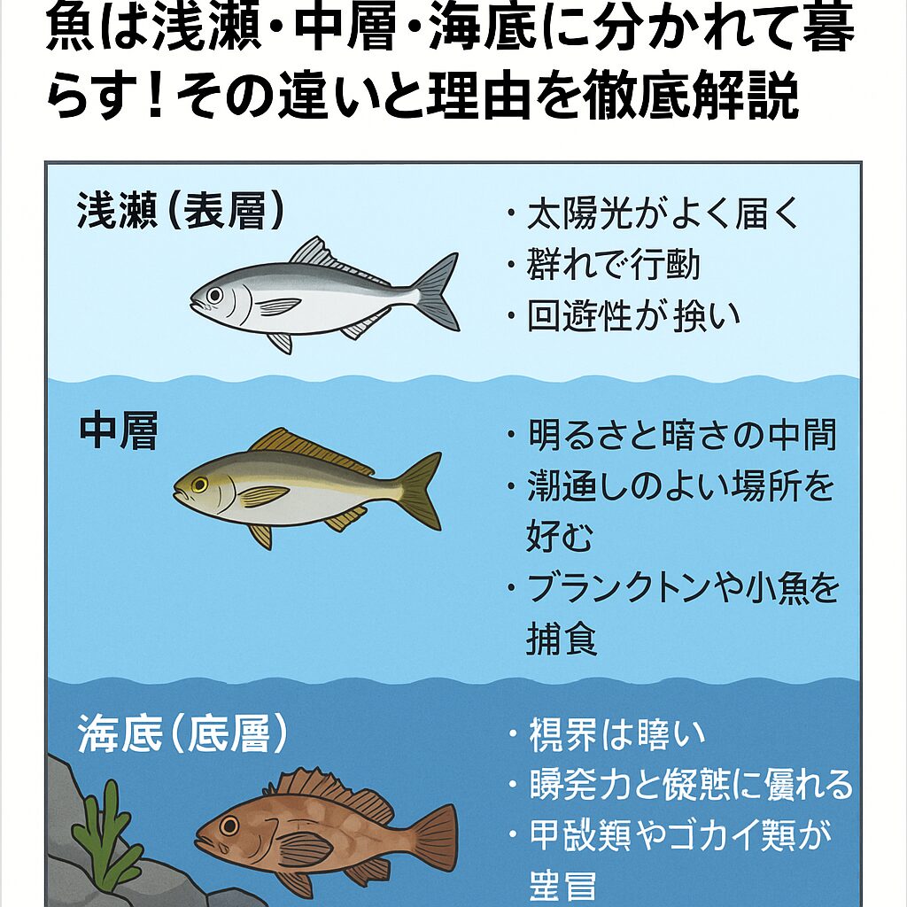 海にはさまざまな魚が暮らしていますが、実は彼らは住む場所（層）によって特徴がまったく異なります。 海は大きく分けて「浅瀬（表層）」「中層」「海底（底層）」の3つに分類され、魚たちはそれぞれの環境に適応して暮らしているのです。釣太郎