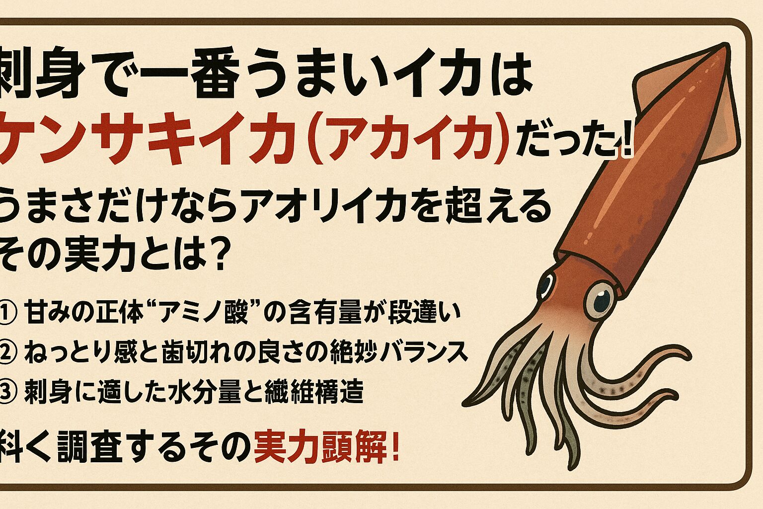見た目やブランド価値ではアオリイカが王者ですが、 ・**刺身としての「甘み・食感・後味」の3拍子がそろった最強イカはケンサキイカ（アカイカ）。釣太郎