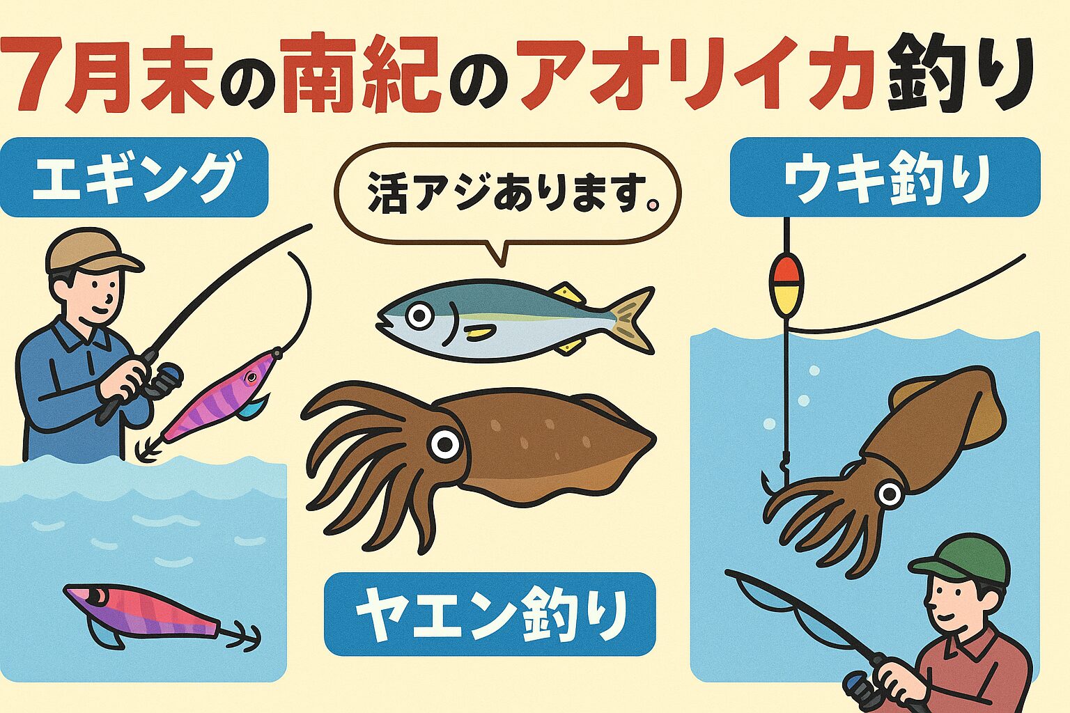 2025年の南紀では、7月末でもアオリイカが各地で釣れています!
特に活アジを使ったウキ釣り・ヤエン釣りでの釣果が安定しており、夜間の涼しい時間帯を狙えば高確率でヒットします。釣太郎