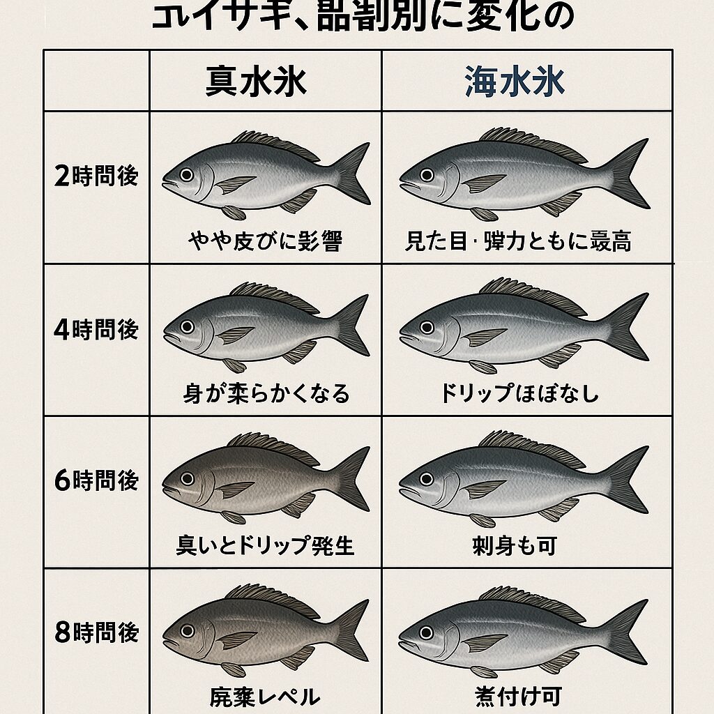 【AIシミュレーション】夏場に釣ったイサギ、真水氷と海水氷でどう違う？冷却方法で鮮度はここまで変わる！釣太郎