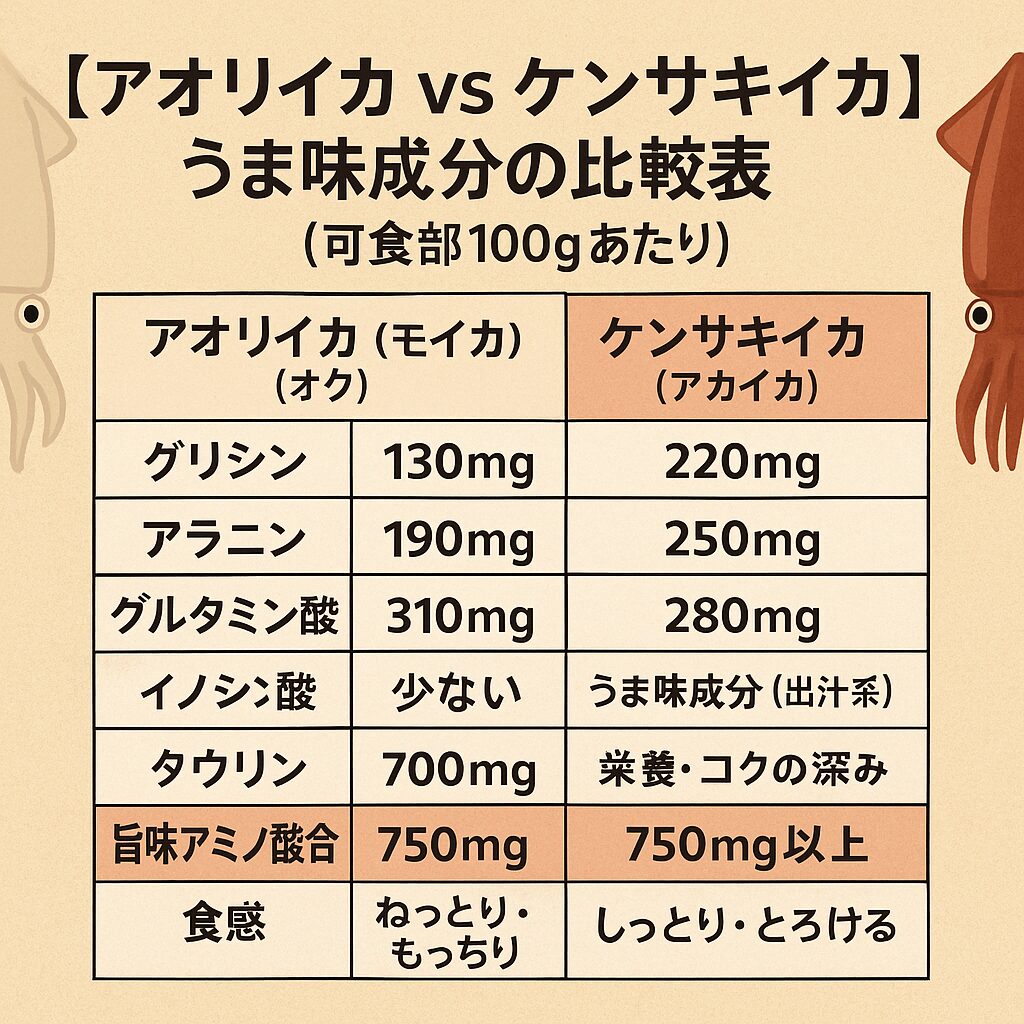 【アオリイカ vs ケンサキイカ（アカイカ）】うま味成分の比較表。釣太郎