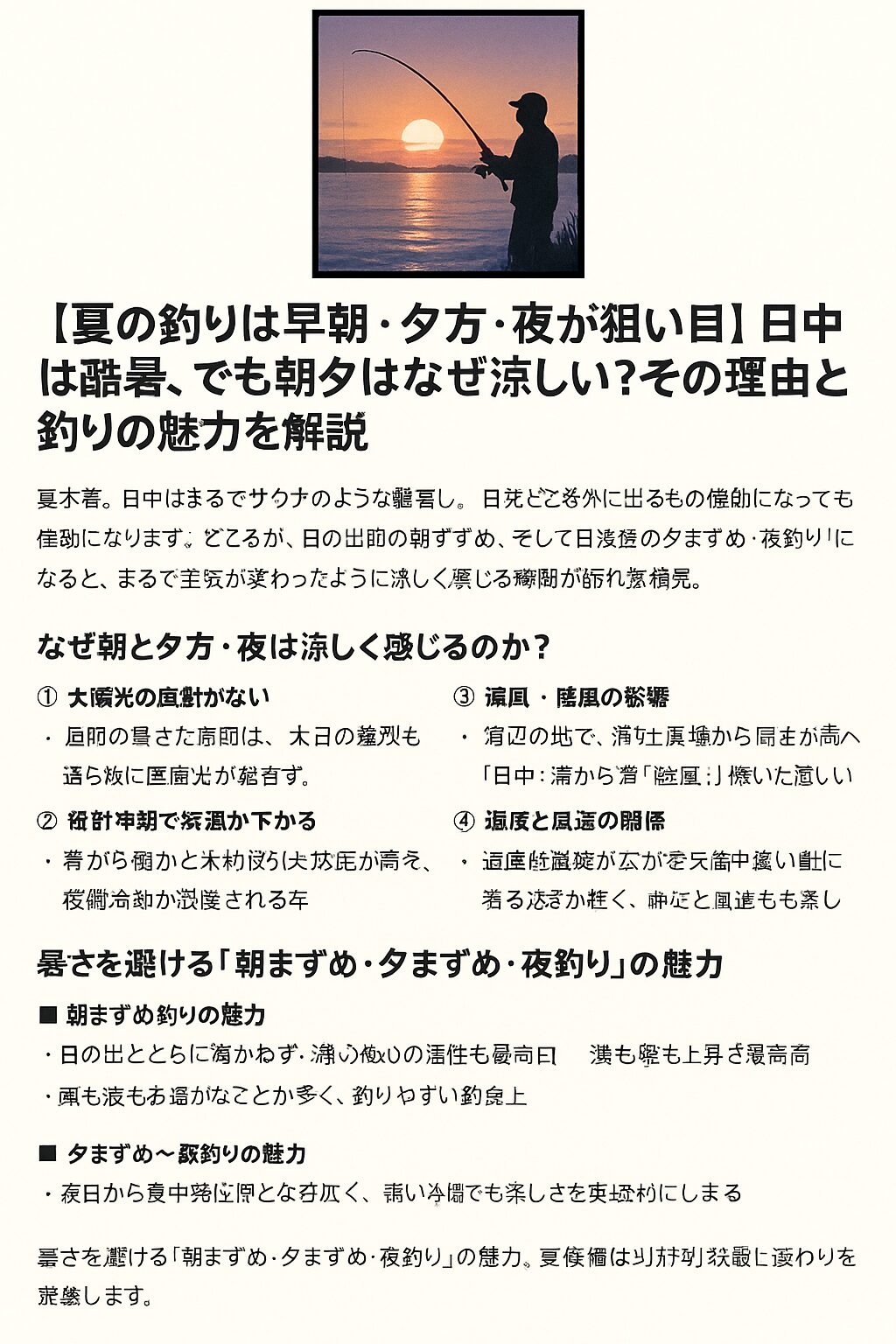 夏の釣りは「涼しい時間」を味方にしよう! 日中は暑すぎて釣りに不向きでも、朝・夕・夜は快適で釣果も期待できる。✔ 放射冷却・風向・日照の角度など、自然の力が体感温度を左右する。 早朝と夕方は、釣りに最適な時間帯であると同時に、安全性も高い。釣太郎
