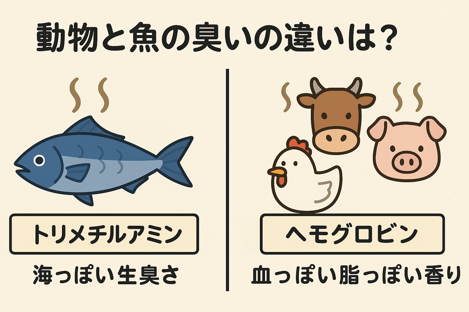 魚は「海の環境に適応した結果」として臭いやすく、繊細な扱いが求められます。 逆に、動物の肉は血抜きや熟成により香りが変化しやすく、比較的保存にも強い。釣太郎