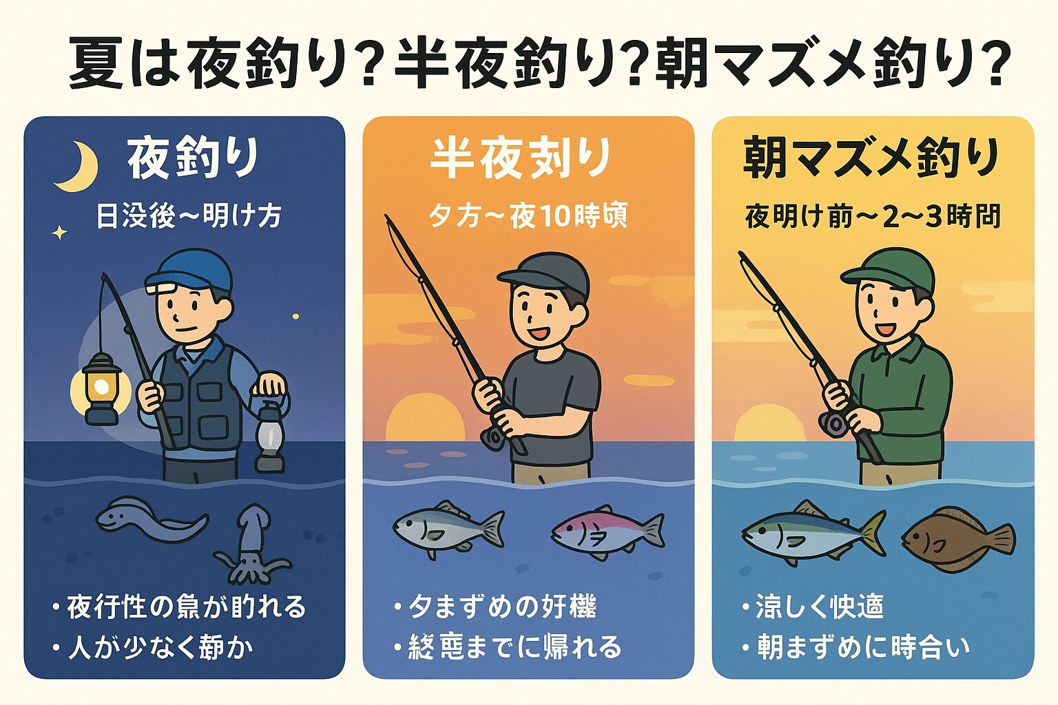 夏は暑さ対策が重要なシーズン。 「夜釣り」「半夜釣り」「朝マズメ釣り」はそれぞれ異なる魅力を持っています。釣太郎