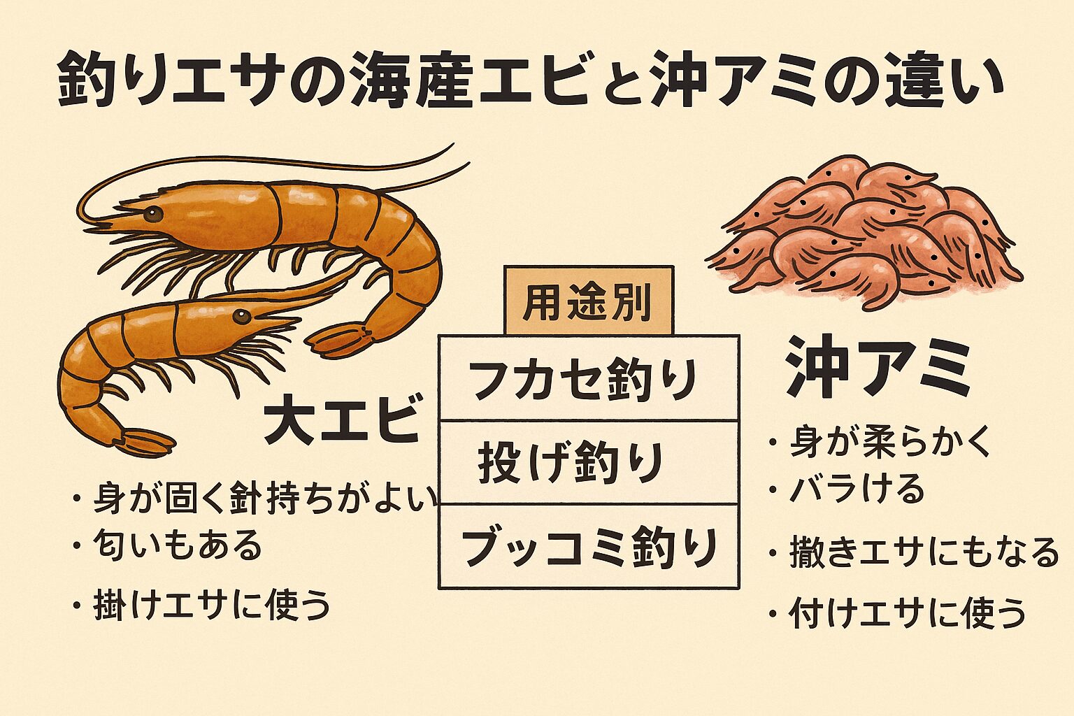・海産エビは「針持ち・食い気」で勝負！ ・沖アミは「撒き餌＋付けエサの連携」がキモ！・釣り方・対象魚・シーンに合わせて選ぼう！釣太郎