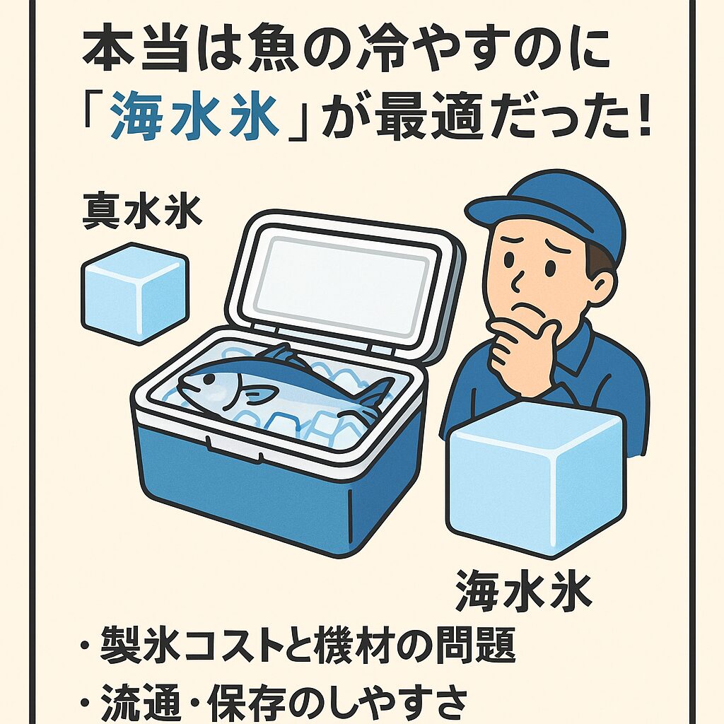 海の魚には「真水氷」より「海水氷」が圧倒的に向いています。 それでも、スーパーや釣具店で流通しているのは、なぜか「真水氷」ばかり。釣太郎