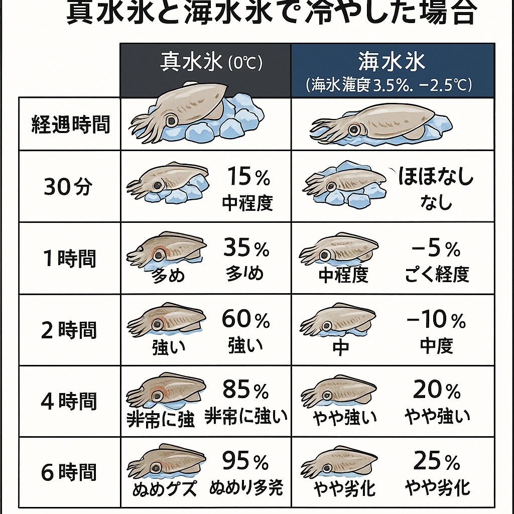 アオリイカの美味しさを守るには、釣ってからの数時間が勝負です。数値で比較すると、真水氷と海水氷では明らかな差が出ており、「冷やすなら海水氷」が、科学的にも実感的にも最適解です。釣太郎