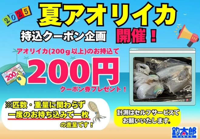 アオリイカ、200ｇ以上ならお持ち込みください。200円クーポン券差し上げます。釣太郎