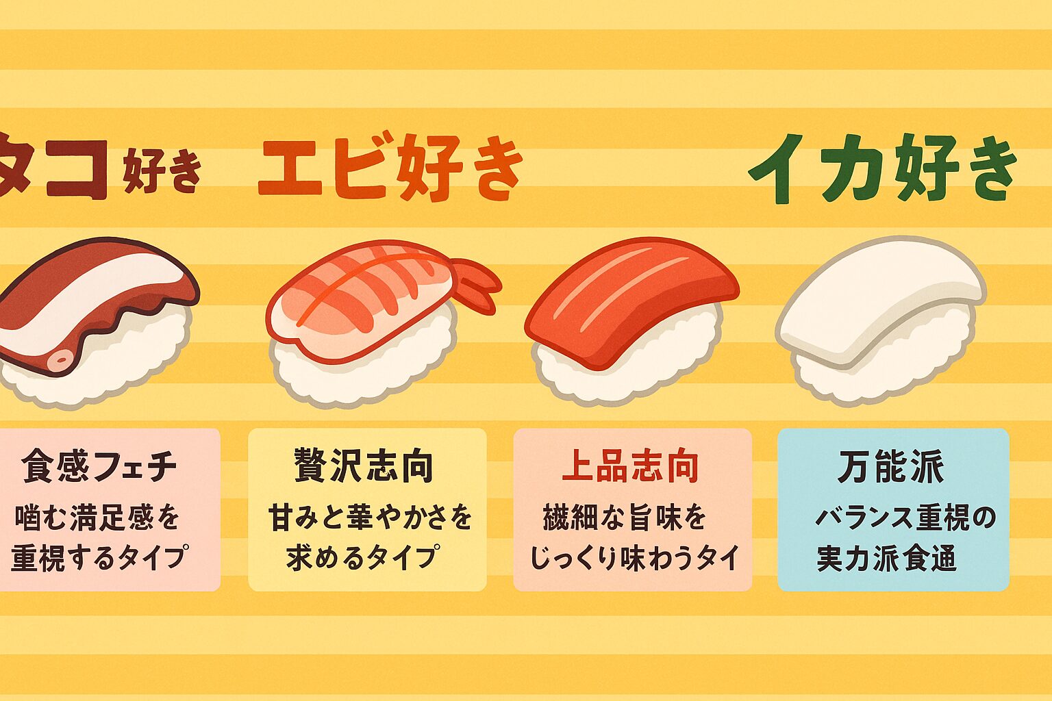 「タコ」「エビ」「カニ」「イカ」の好みから、その人の食の傾向や性格を分析する。釣太郎