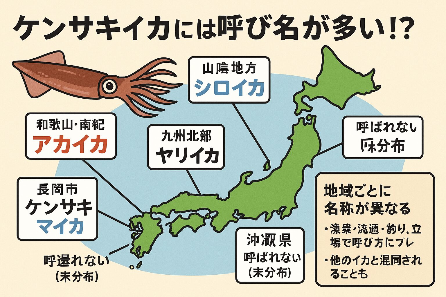 ケンサキイカは「名前の多さが旨さの証」
✅ 和歌山では「アカイカ」
✅ 山陰では「シロイカ」
✅ 九州では「ヤリイカ」
✅ 呼び名は違えど、味はどこでも一級品!釣太郎