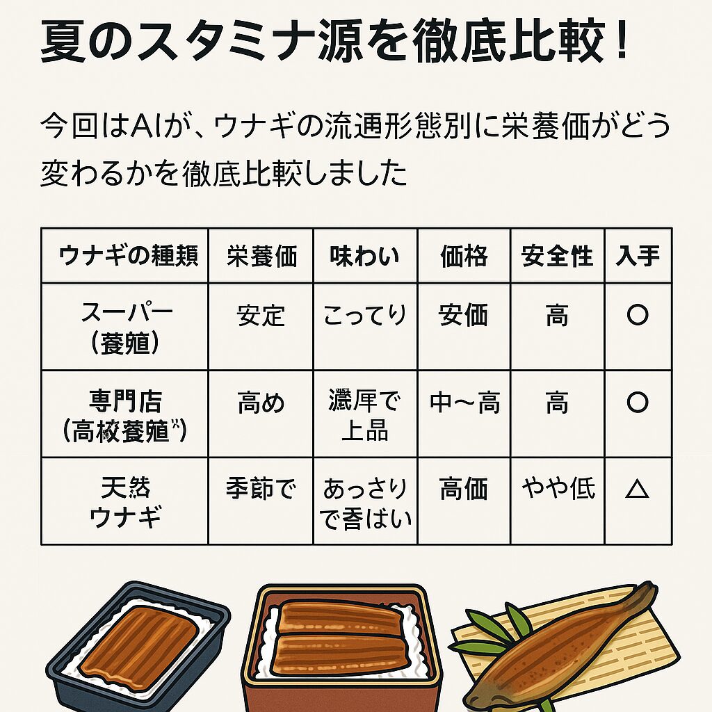 【AI解説】スーパー・専門店・天然ウナギ、栄養価はどう違う？夏のスタミナ源を徹底比較！釣太郎