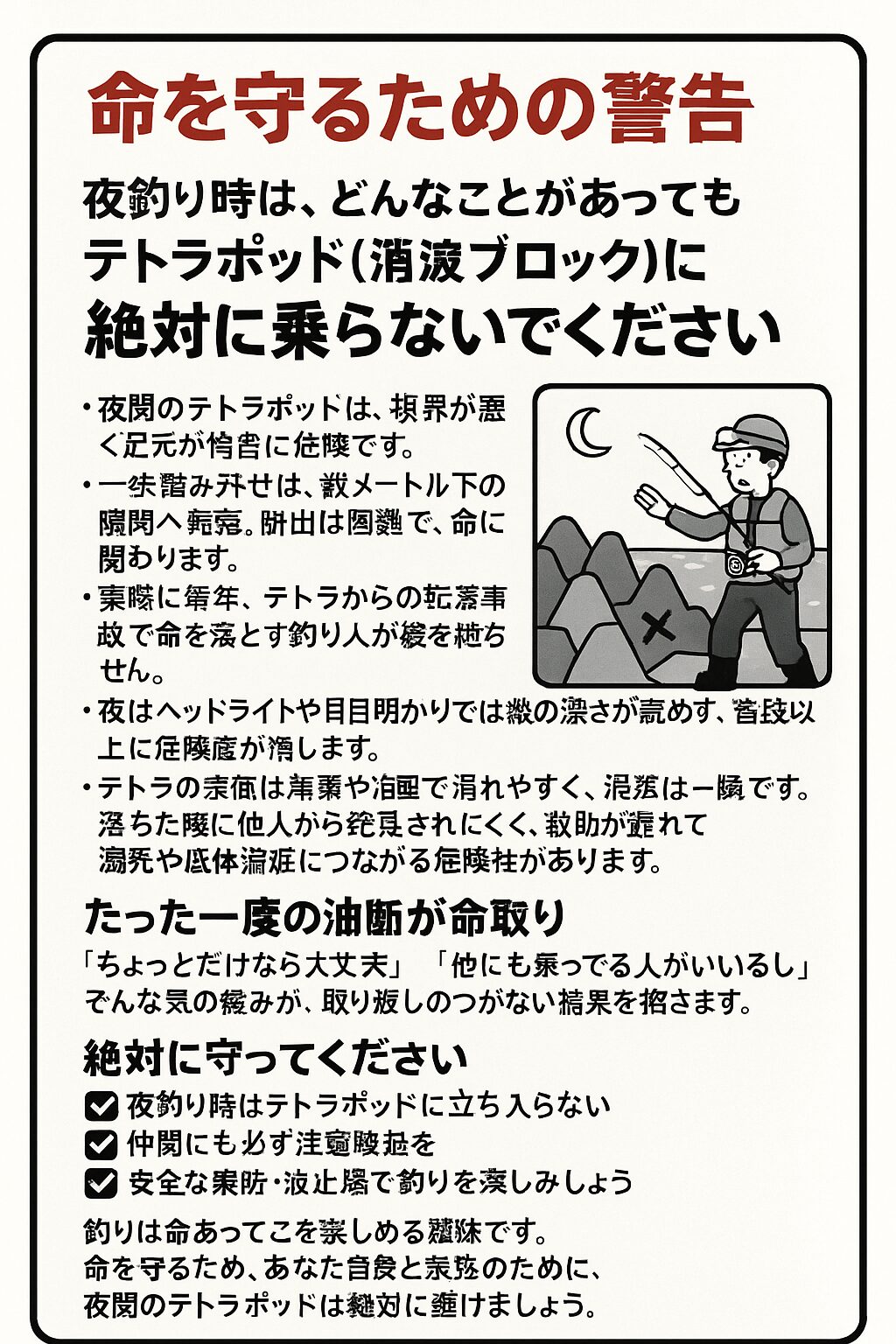 夜釣り時は消波ブロック（テトラポッド）に立ち入らないようにしましょう。釣太郎
