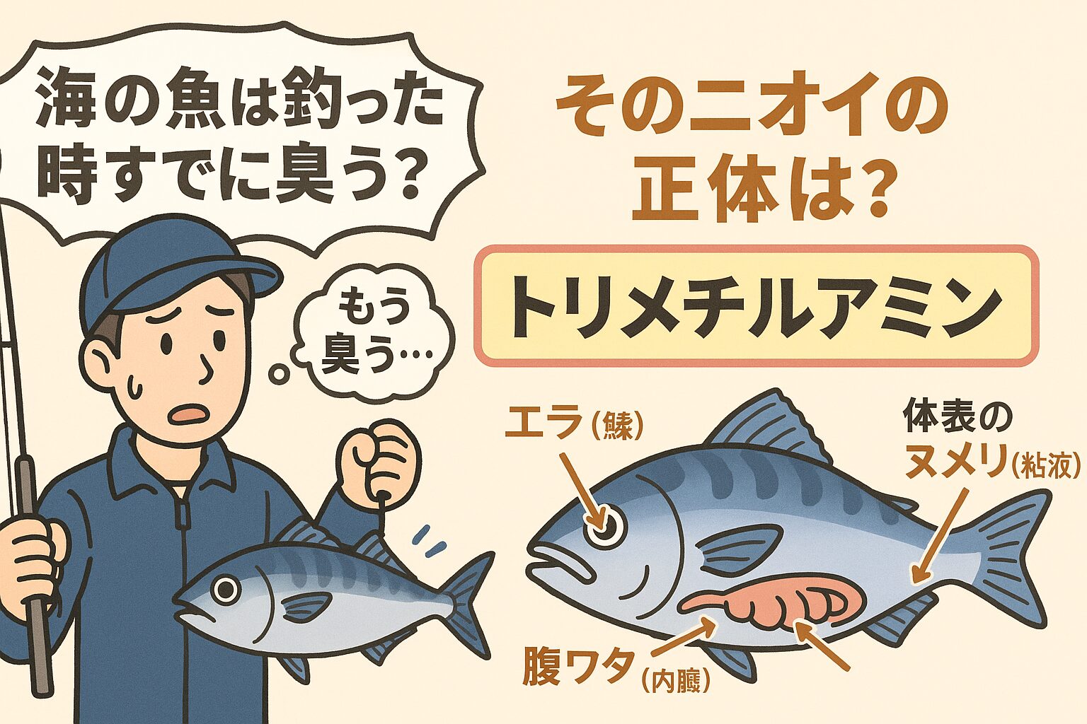 海の魚のニオイの正体は、 **「海水魚に特有のトリメチルアミンが死後すぐ発生するため。釣太郎