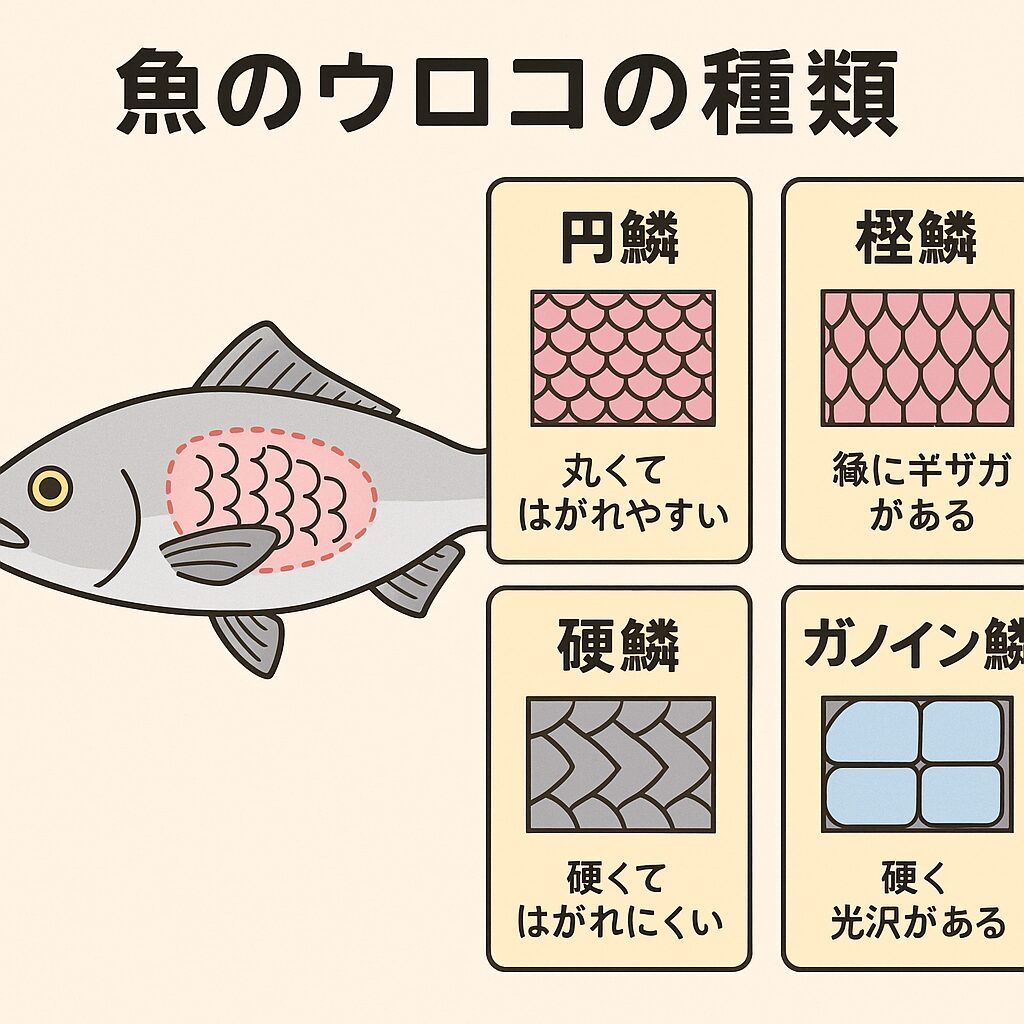 うろこ（鱗）とは、魚の体を覆う小さな板状の構造で、皮膚の一部が硬化して形成されるものです。釣太郎
