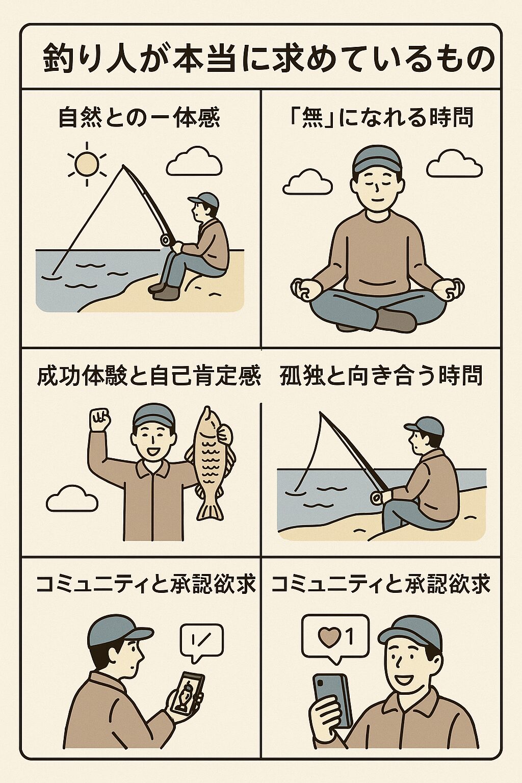 釣り人が本当に求めているのは「心の解放」 魚を釣るという目的の背後には、自然との一体感,集中と没頭による癒し,自己肯定感の回復、孤独の中の自由 、他者とのつながり、 といった複数の心理的ニーズが潜んでいます。釣太郎