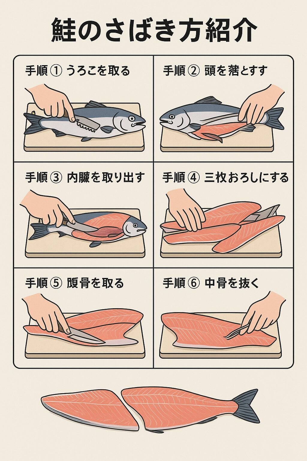 鮭のさばきは骨の特徴に注意！鮭は皮が厚く、骨が硬くて太いため、普通の魚のように簡単にはさばけません。釣太郎