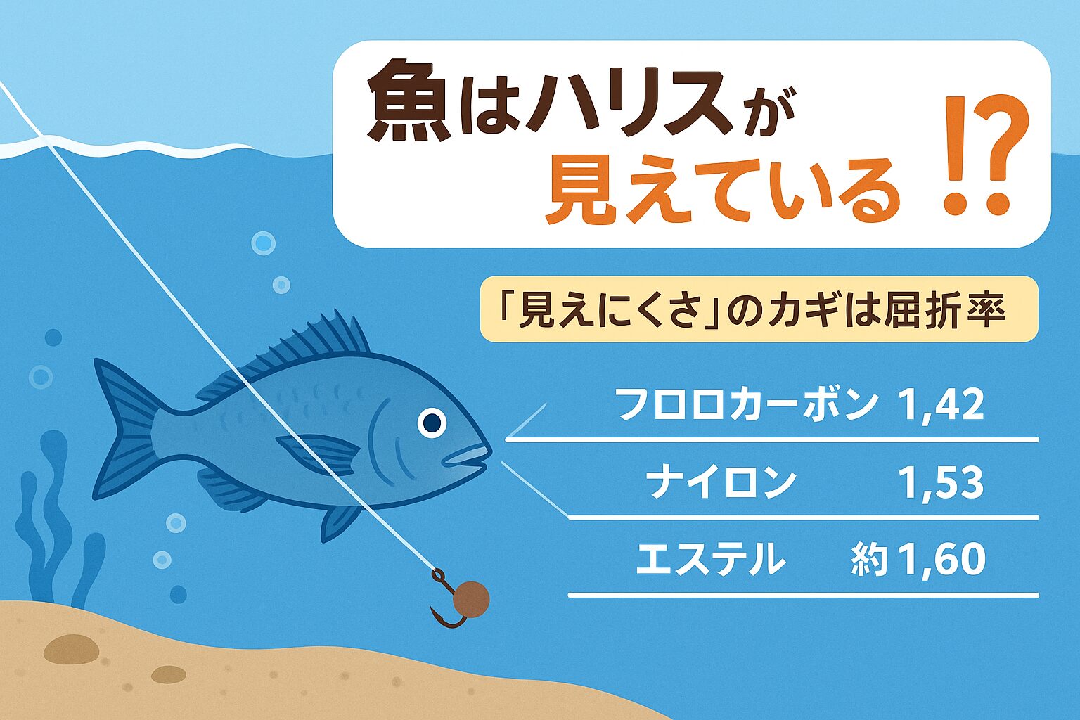 魚は種類によってはハリスを見ている
✅ 水の透明度や光量によって見え方が変わる
✅ フロロカーボンのように水と屈折率が近い素材は見えにくい。釣太郎