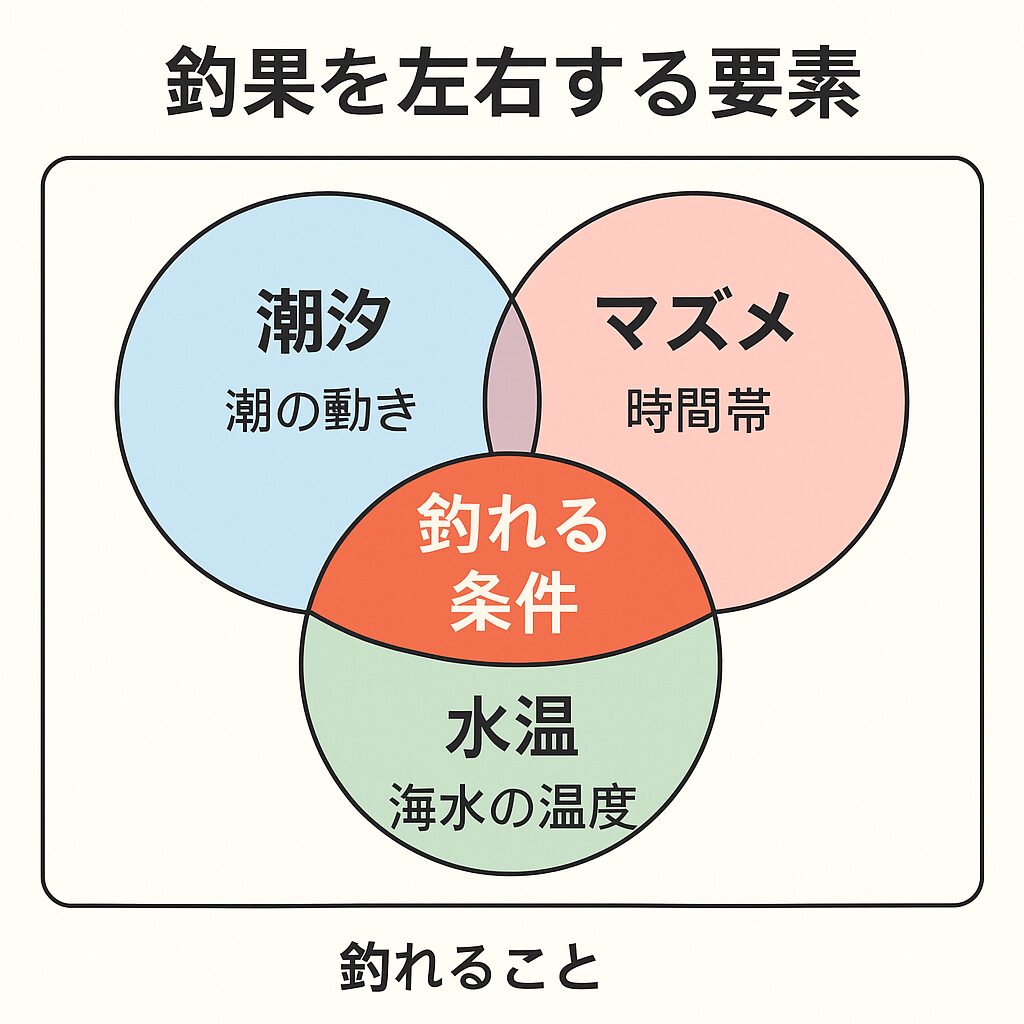 釣果に最も影響を与えるのはどれ？AIによる総合分析結果は以下の通り：要因 影響度（100点満点） コメント。潮汐 85点。特に青物や回遊魚は潮で決まる。マズメ90点。全魚種で効果あり。最重要時間帯、水温 80点。釣太郎