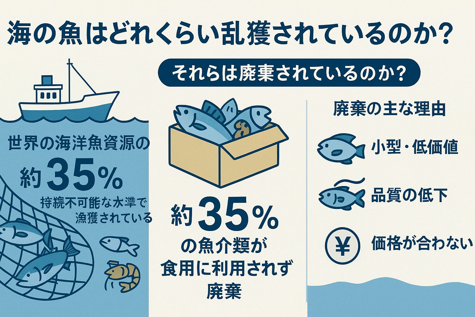 AIが試算:どれくらいの魚が無駄になっているか? 仮に日本で年間200万トンの魚介類が水揚げされるとして… 廃棄・未利用:約40〜60万トン(20〜30%) この量は、日本人1人あたり年間50〜60食分の魚が消えている計算になります。釣太郎