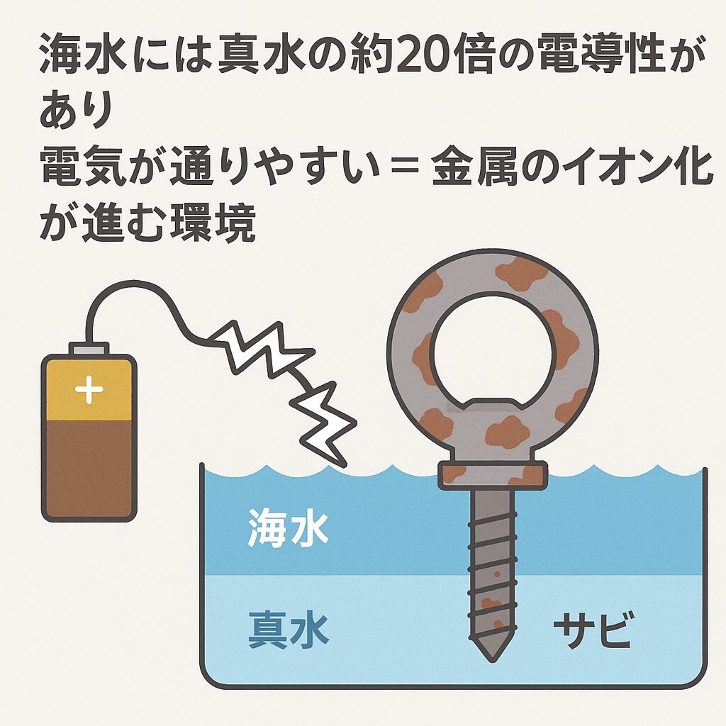 海水には真水の約20倍の電導性があり、電気が通りやすい＝金属のイオン化が進む環境です。その結果、金属がどんどん電子を失い、酸化が加速 → サビ発生という流れになります。釣太郎