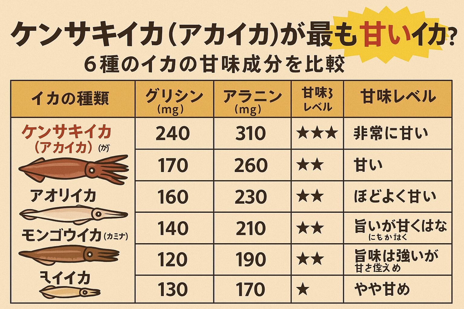 【決定版】ケンサキイカが最も甘いイカ！？6種のイカを甘味成分で徹底比較！釣太郎
