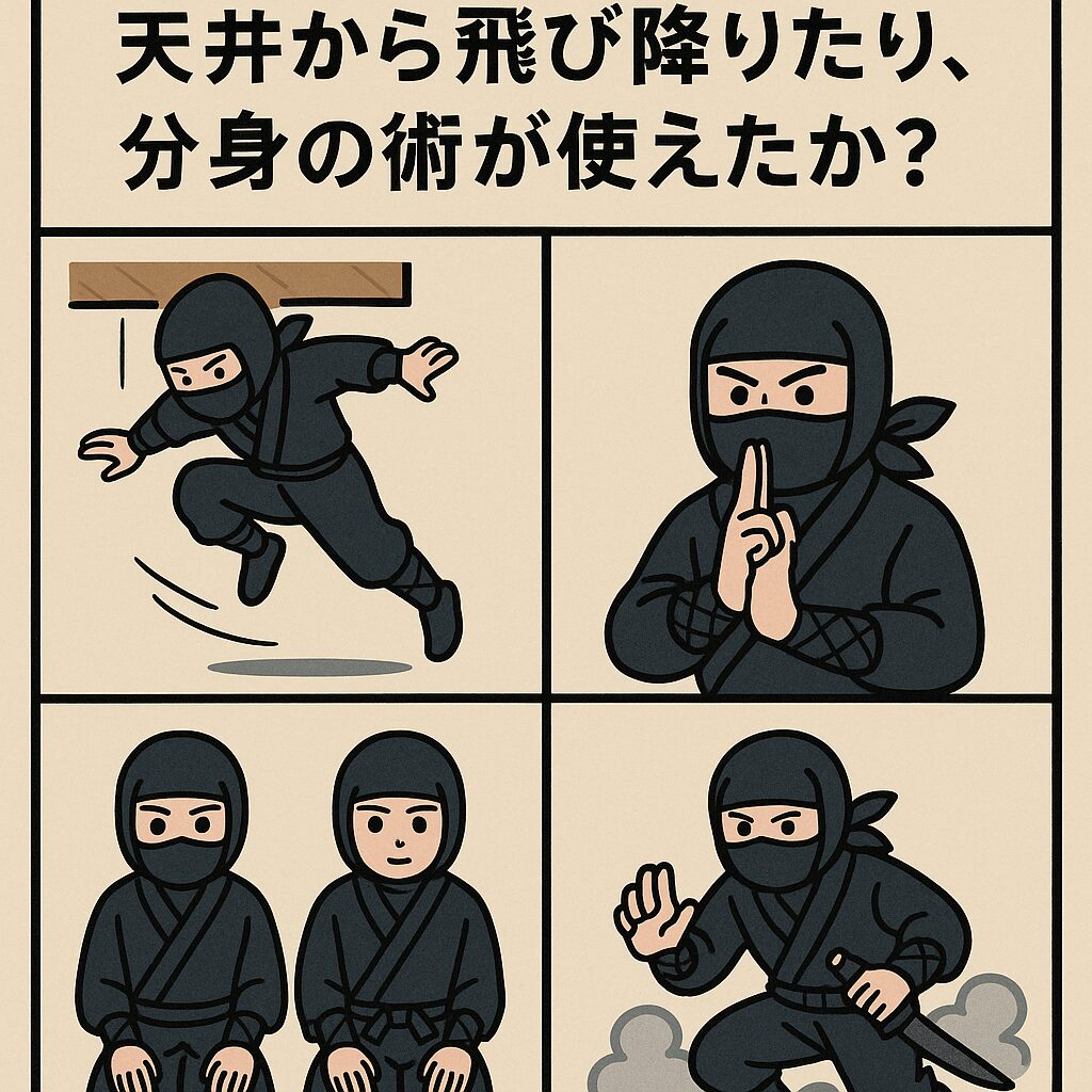 歴史上、忍者は確かに存在した。・ただし、“魔法のような忍術”は多くが心理トリックや戦術的工夫。・「分身」「空中浮遊」などはフィクション表現。釣太郎