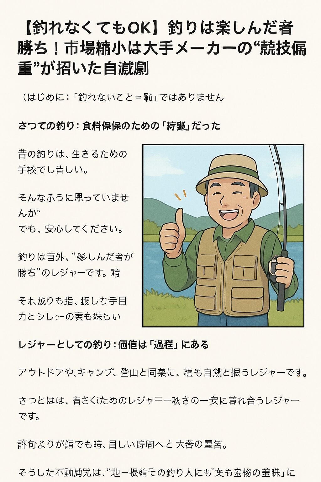 釣具市場が右肩下がりになって久しい理由のひとつに、「競技偏重路線」があります。釣太郎