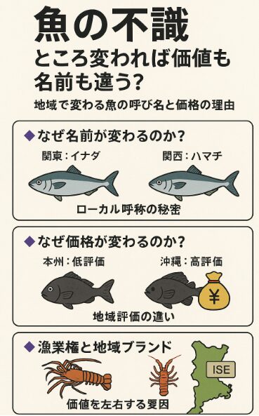 魚の価値は“地域の鏡”
魚の名前と価格は、自然環境・文化・流通の三位一体で決まります。そのため、同じ魚でも「名前が違う」「価値が違う」という現象が起こるのです。釣太郎