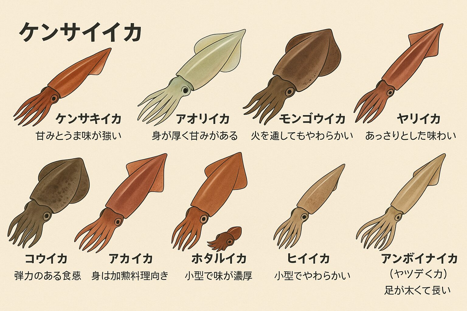 全国で流通している主なイカを網羅的に紹介し、それぞれの味・特徴・用途・旬の時期まで詳しく解説。釣太郎