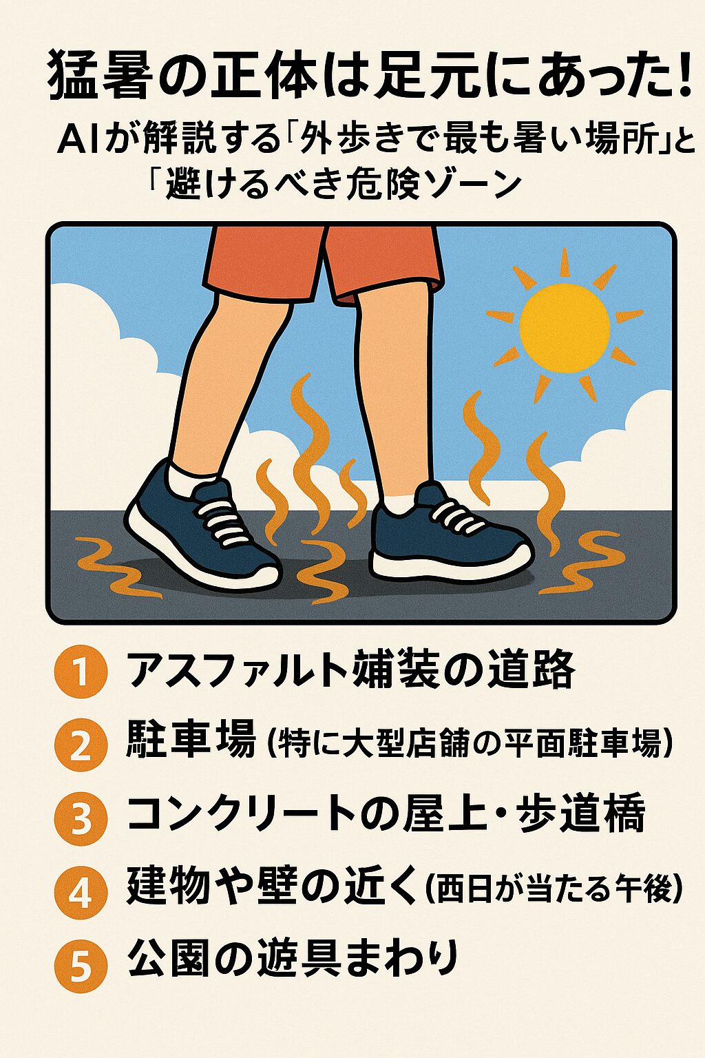 猛暑の日は、気温だけでなく「地表温度」「素材の熱吸収率」「時間帯」など、複合的な条件で体感温度が変わります。とくに「足元」からの熱気は見落としがちでありながら、熱中症のリスクを大きく高める要因です。アスファルトやコンクリートの上を歩く時間をなるべく減らし、自然素材の多いルートを選びましょう。釣太郎