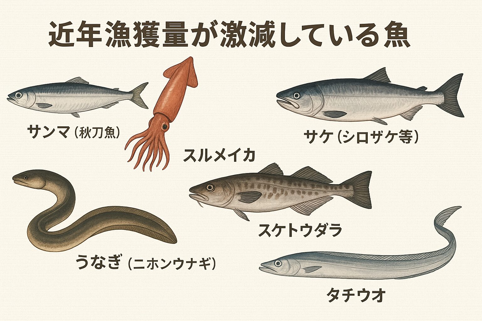 近年漁獲量が激減している魚とは？サンマ・スルメイカ・サケなど人気魚種の危機。釣太郎