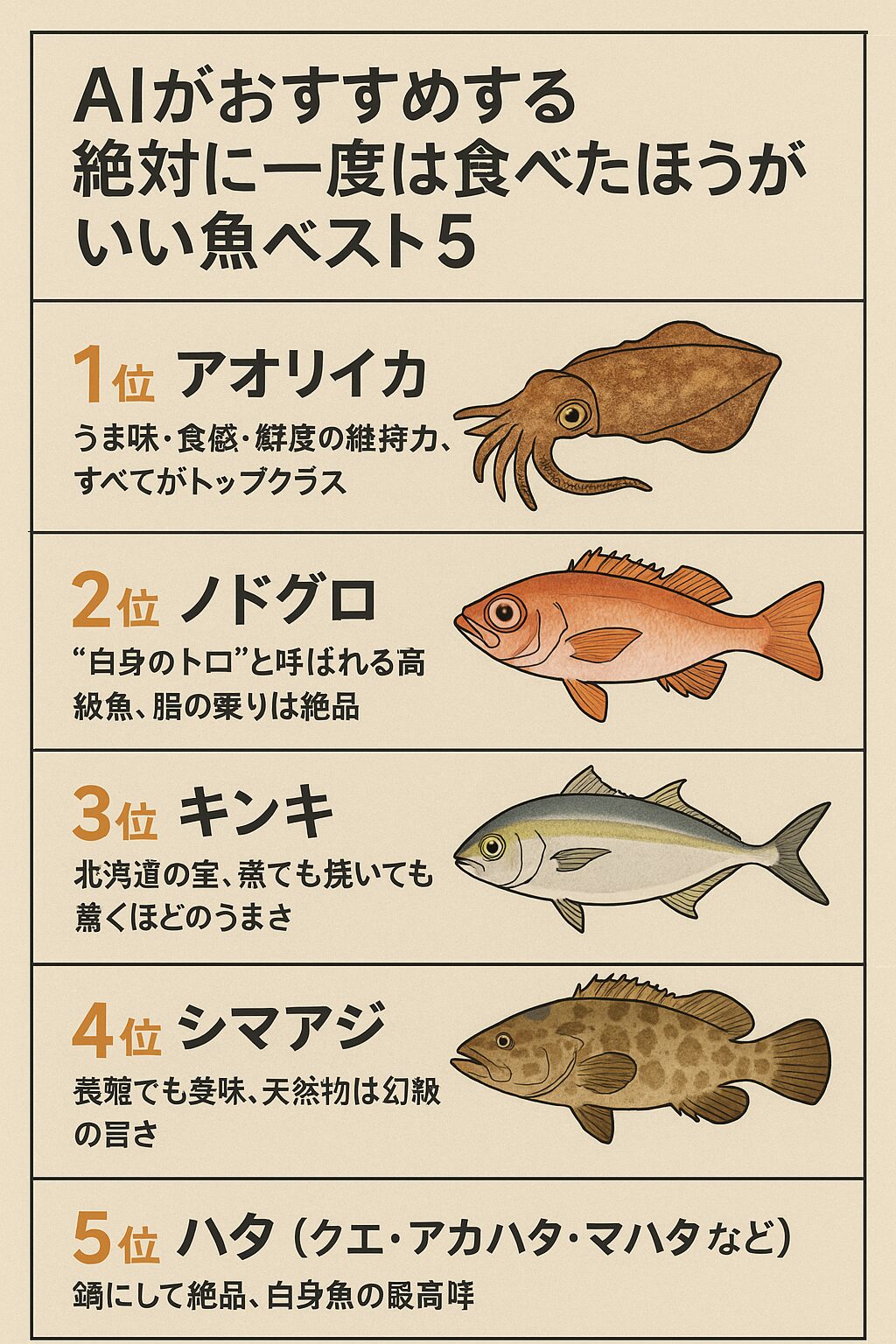 AIが厳選！絶対に一度は食べるべき絶品魚ベスト5【釣り人＆グルメ必見】釣太郎