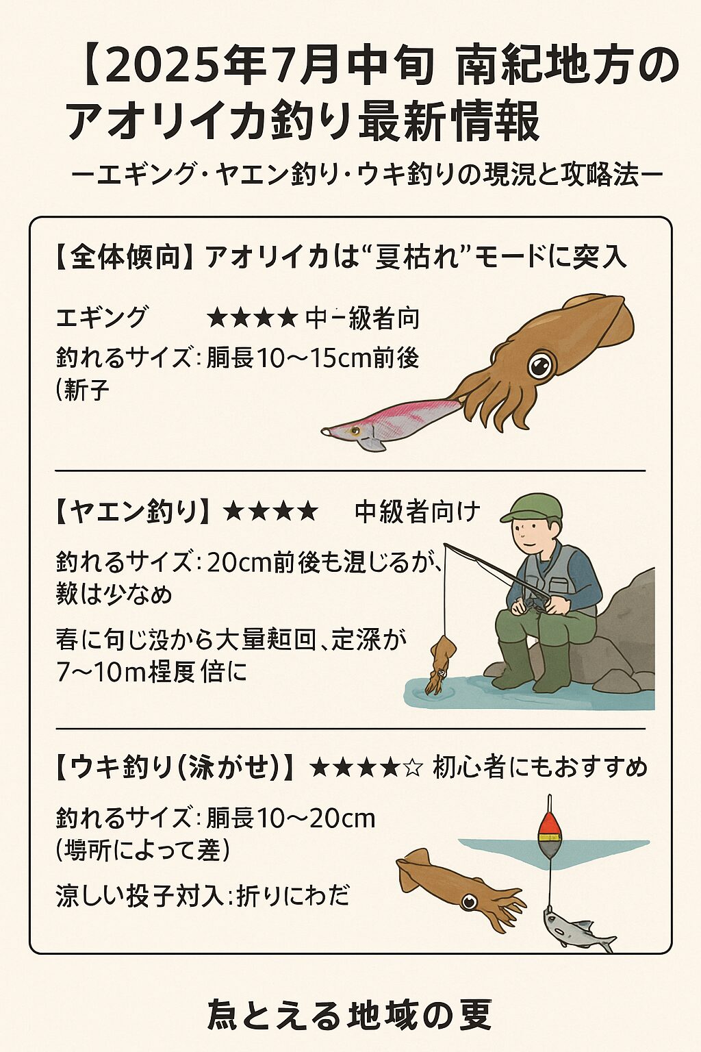 7月中旬の南紀でアオリイカを狙うなら、サイズより数を楽しむ「新子釣り」が主軸になります。釣太郎