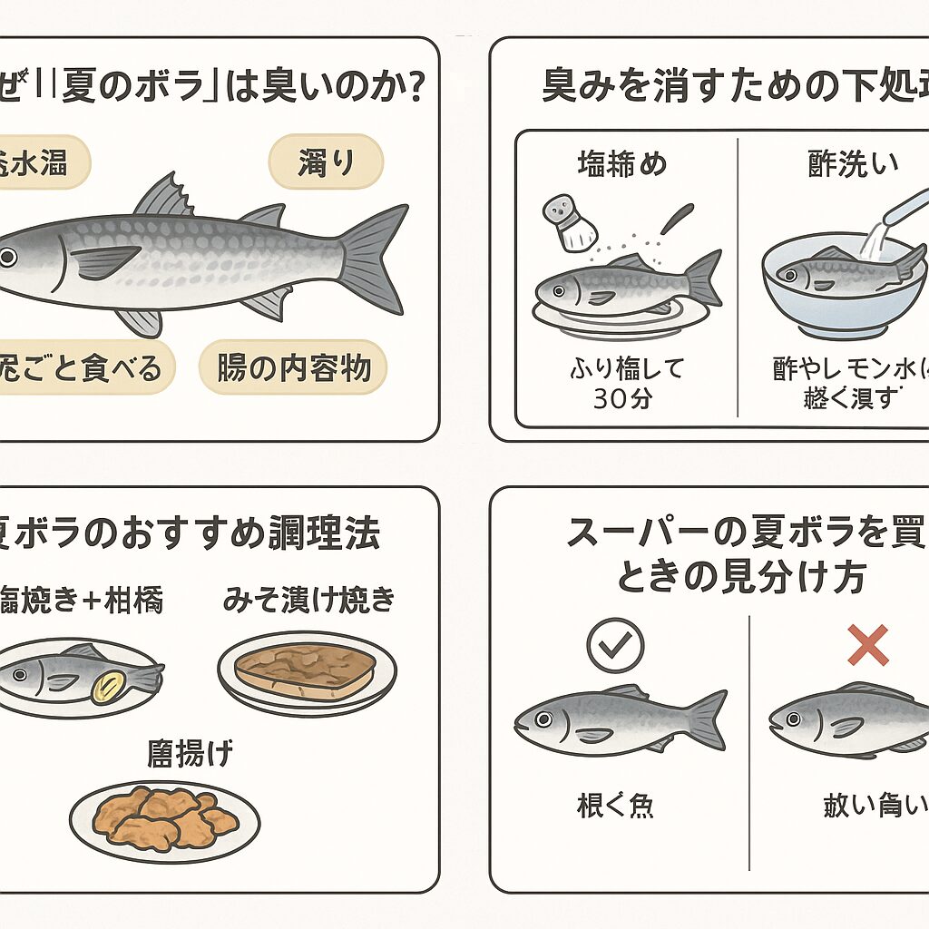 夏ボラが臭い原因は「水質」「餌」「代謝」「内臓」など多岐にわたる。・釣ったら即座に「血抜き・内臓取り出し・海水氷冷却」で臭み軽減。・塩、酢、味噌などを使った“臭み消しテク”で美味しく変身。釣太郎