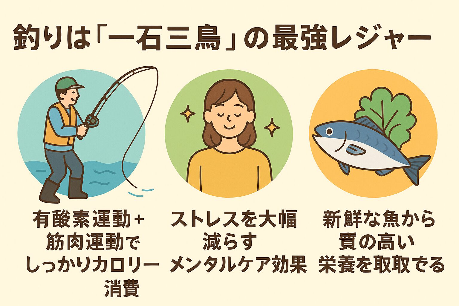 釣りは「有酸素運動＋筋肉運動によるカロリー消費」「ストレス軽減などのメンタルケア効果」「新鮮な魚からの質の高い栄養摂取」という、まさに「一石三鳥」のメリットを持つ最強のレジャーです。釣太郎