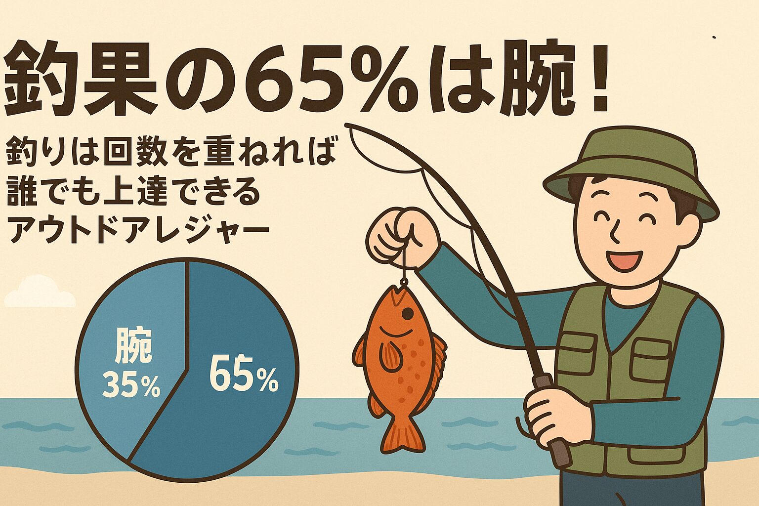 釣果の65％は「腕」、35％は「運」・釣りは回数を重ねることで誰でも必ず上達できる・初心者は情報収集、観察、経験の積み重ねが最重要。釣太郎