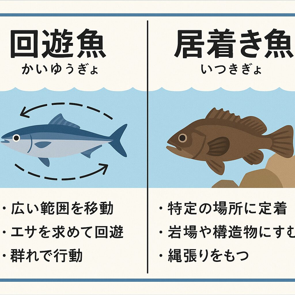 同じ魚種でも「回遊型」と「居着き型」に分かれる場合があります。
たとえば、**アオリイカやクロダイ、ヒラメ、スズキ(シーバス)**などは代表例です。釣太郎