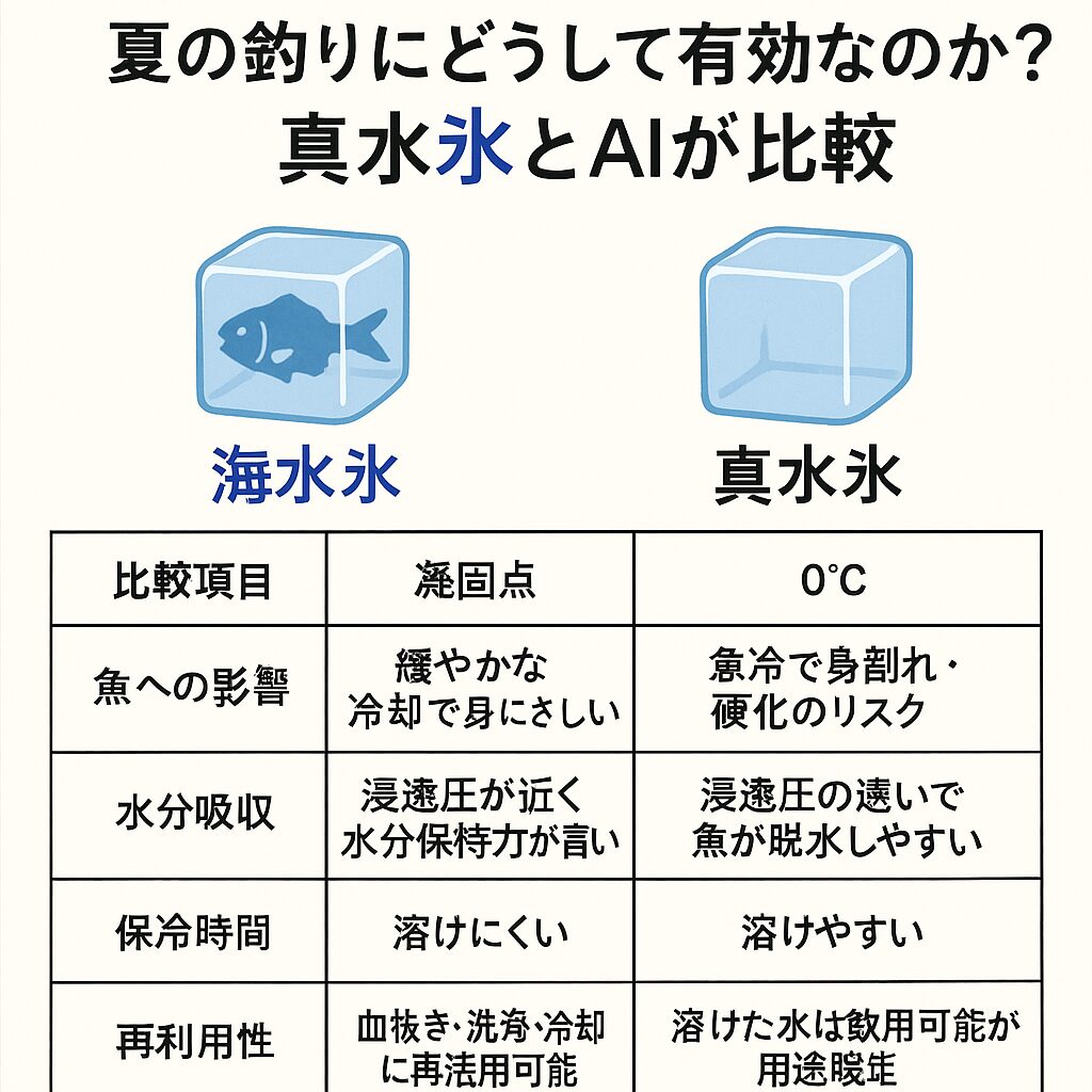 魚を美味しく食べるためには、釣ったあとの**「処理と冷却」こそが命**です。特に夏は、「氷を甘く見ると、すべてが台無し」になるリスクと常に隣り合わせ。AIが分析した結果、夏場の最強冷却手段は海水氷であることは明白。釣太郎