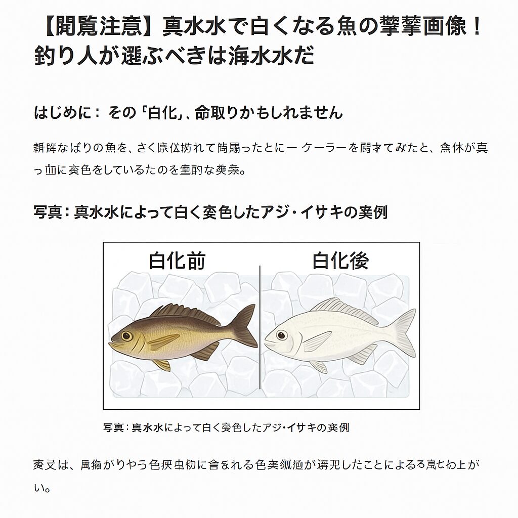 真水氷で冷やすと白くなる魚。釣り人が選ぶべきは海水を凍らせた海水氷。釣太郎
