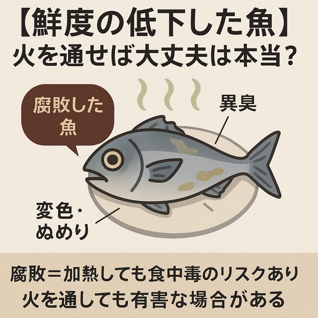 腐敗した魚は、加熱しても絶対に安全ではありません。「焼けば大丈夫」というのは過去の迷信にすぎず、現代では見た目・臭い・感触をしっかり見て判断すべきです。釣太郎