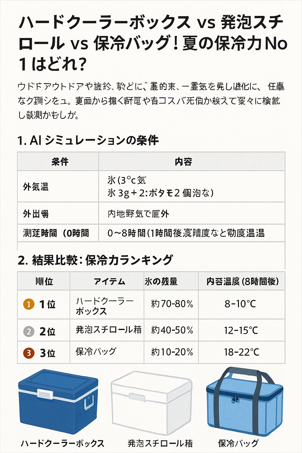 AIのシミュレーション結果から見ても、真夏の保冷力ではハードクーラーボックスが圧倒的。とはいえ、すべての人にハードクーラーが必要というわけではありません。・「長時間・高温環境」→ ハードクーラー ・「コスパ＆短時間使用」→ 発泡スチロール。・「手軽さと携帯性重視」→ 保冷バッグ。釣太郎