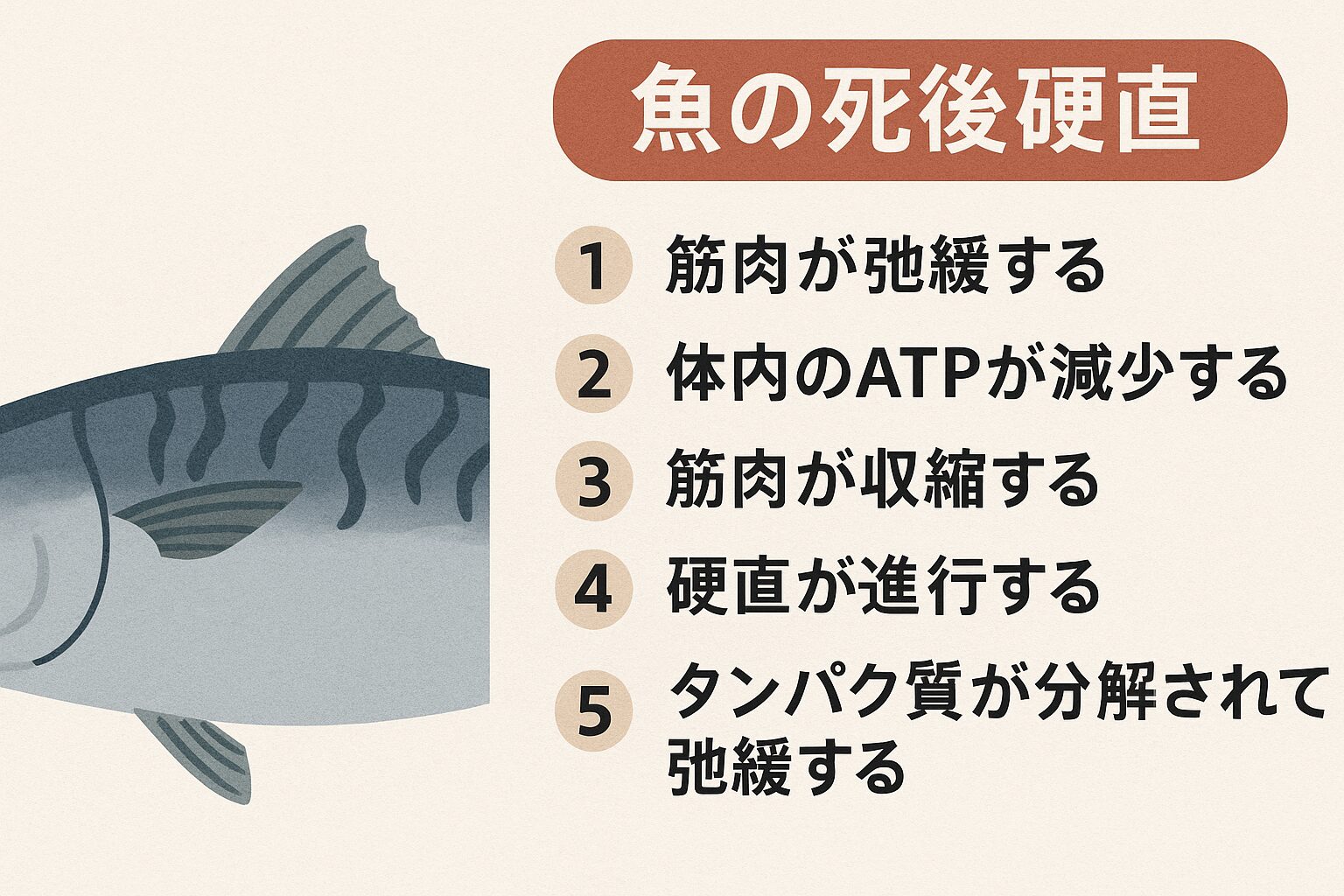 魚が水揚げされた後、時間が経つと体が硬くなる現象、それが**死後硬直(しごこうちょく)。釣太郎
