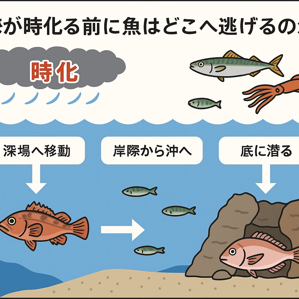 魚は、気圧・水圧・音・振動・水質の変化で時化を察知する。主に深場や沖へ避難するか、岩陰に潜る行動をとる。釣太郎